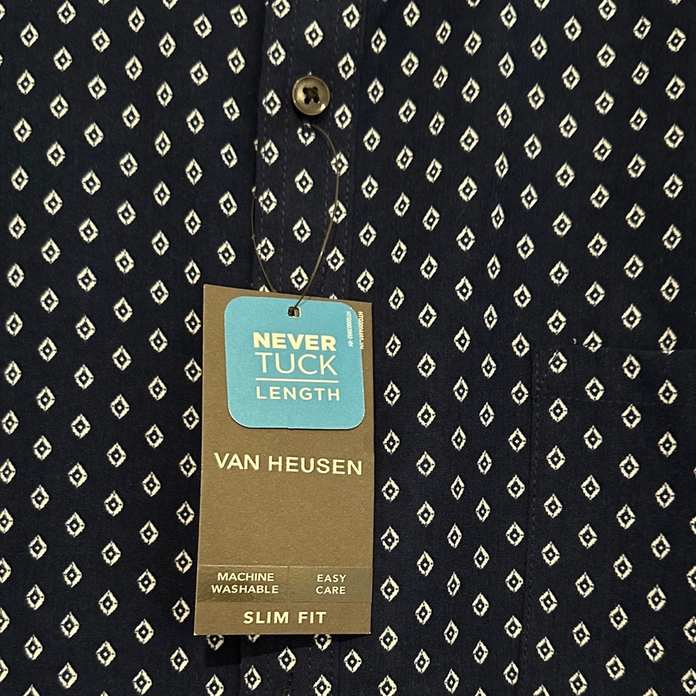 NWT Van Heusen Mens - XXL Never Tuck Navy Blue Patterned Shirt - Picture 4 of 7